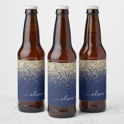 Gold Navy Blue Glitter Script Monogram Girly Name Beer Bottle Label