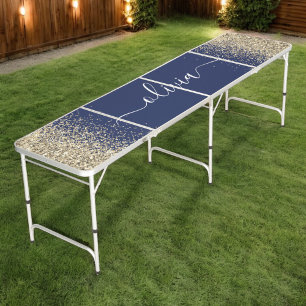 Gold Navy Blue Glitter Script Monogram Girly Name Beer Pong Table