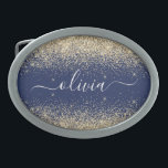 Gold Navy Blue Glitter Script Monogram Girly Name Belt Buckle<br><div class="desc">Navy Blue and Gold Sparkle Glitter Script Monogram Name Belt Buckle. This makes the perfect graduation,  sweet 16 16th,  18th,  21st,  30th,  40th,  50th,  60th,  70th,  80th,  90th,  100th birthday,  wedding,  bridal shower,  anniversary,  baby shower or bachelorette party gift for someone that loves glam luxury and chic styles.</div>
