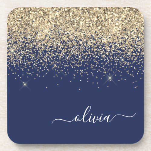 Gold Navy Blue Glitter Script Monogram Girly Name Beverage Coaster