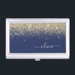 Gold Navy Blue Glitter Script Monogram Girly Name Business Card Case<br><div class="desc">Navy Blue and Gold Sparkle Glitter Script Monogram Name Business Card Holder. This makes the perfect sweet 16 birthday,  wedding,  bridal shower,  anniversary,  baby shower or bachelorette party gift for someone that loves glam luxury and chic styles.</div>