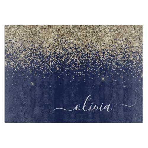 Gold Navy Blue Glitter Script Monogram Girly Name Cutting Board