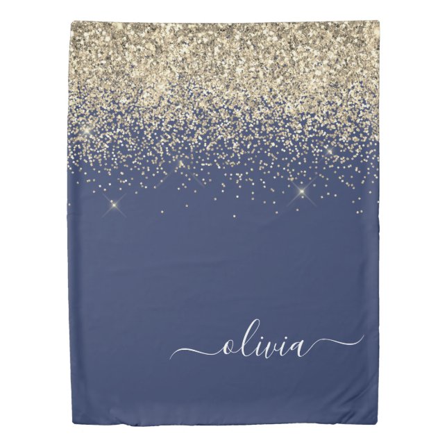 Gold Navy Blue Glitter Script Monogram Girly Name Duvet Cover (Front)