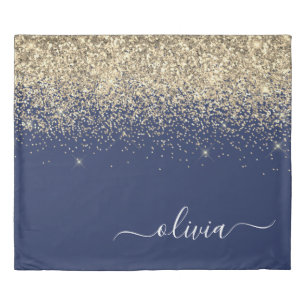 Gold Navy Blue Glitter Script Monogram Girly Name Duvet Cover