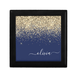 Gold Navy Blue Glitter Script Monogram Girly Name Gift Box