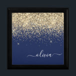 Gold Navy Blue Glitter Script Monogram Girly Name Gift Box<br><div class="desc">Navy Blue and Gold Sparkle Glitter script Monogram Name Jewelry Keepsake Box. This makes the perfect graduation,  birthday,  wedding,  bridal shower,  anniversary,  baby shower or bachelorette party gift for someone that loves glam luxury and chic styles.</div>