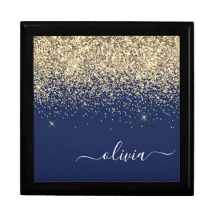 Gold Navy Blue Glitter Script Monogram Girly Name Gift Box