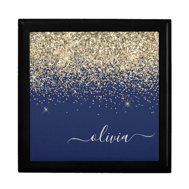 Gold Navy Blue Glitter Script Monogram Girly Name Gift Box (Front)