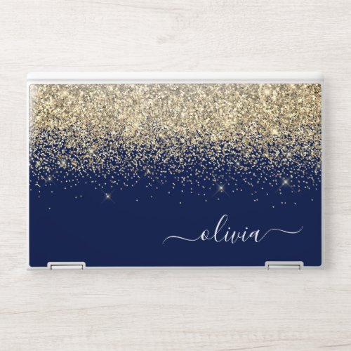 Gold Navy Blue Glitter Script Monogram Girly Name HP Laptop Skin