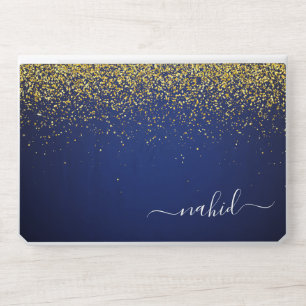 Gold Navy Blue Glitter Script Monogram Girly Name HP Laptop Skin