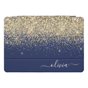 Gold Navy Blue Glitter Script Monogram Girly Name iPad Pro Cover