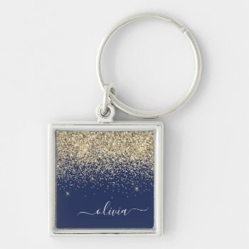 Gold Navy Blue Glitter Script Monogram Girly Name Keychain by Hot_Foil_Creations at Zazzle
