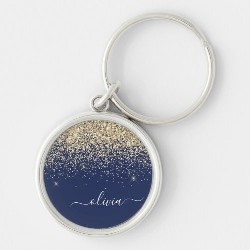 Gold Navy Blue Glitter Script Monogram Girly Name Keychain