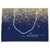 Gold Navy Blue Glitter Script Monogram Girly Name Large Gift Bag (Front)