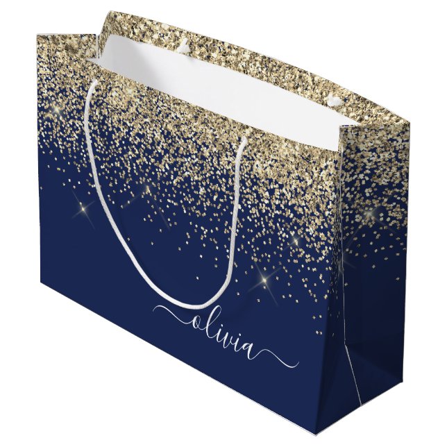 Gold Navy Blue Glitter Script Monogram Girly Name Large Gift Bag (Back Angled)