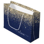 Gold Navy Blue Glitter Script Monogram Girly Name Large Gift Bag (Front Angled)
