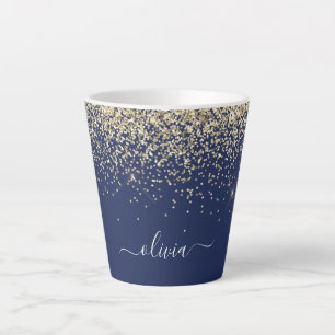Gold Navy Blue Glitter Script Monogram Girly Name Latte Mug