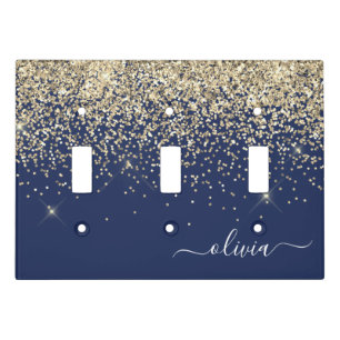 Gold Navy Blue Glitter Script Monogram Girly Name Light Switch Cover