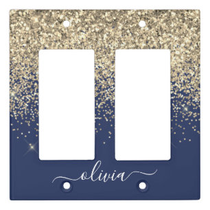 Gold Navy Blue Glitter Script Monogram Girly Name Light Switch Cover