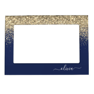 Gold Navy Blue Glitter Script Monogram Girly Name Magnetic Frame