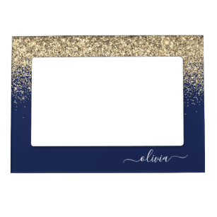 Gold Navy Blue Glitter Script Monogram Girly Name Magnetic Frame