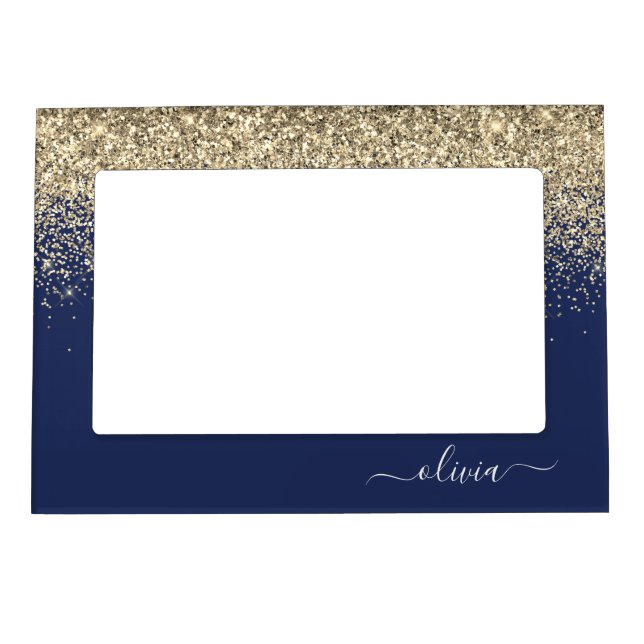 Gold Navy Blue Glitter Script Monogram Girly Name Magnetic Frame (Front)