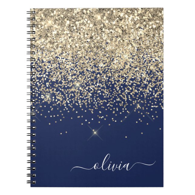 Gold Navy Blue Glitter Script Monogram Girly Name Notebook (Front)