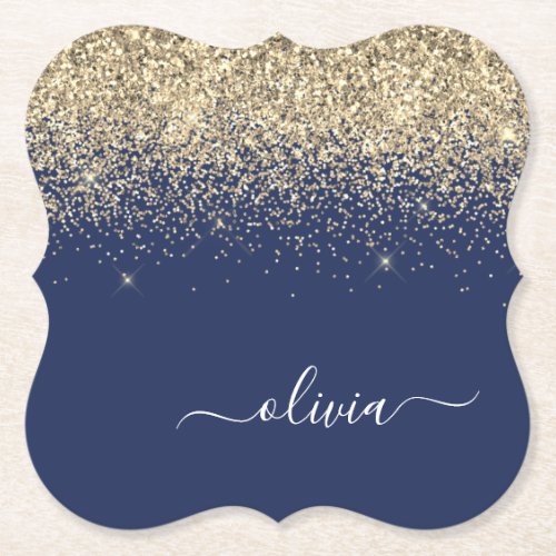 Gold Navy Blue Glitter Script Monogram Girly Name Paper Coaster