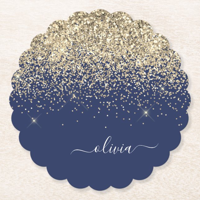 Gold Navy Blue Glitter Script Monogram Girly Name Paper Coaster (Front)