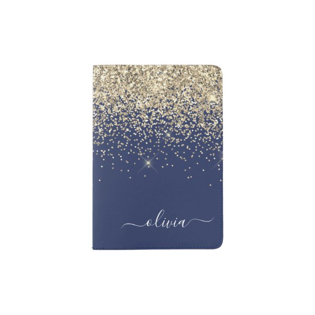 Gold Navy Blue Glitter Script Monogram Girly Name Passport Holder (Front)