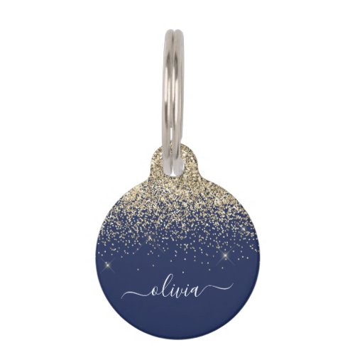 Gold Navy Blue Glitter Script Monogram Girly Name Pet ID Tag