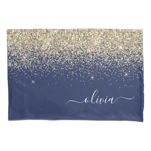 Gold Navy Blue Glitter Script Monogram Girly Name Pillow Case