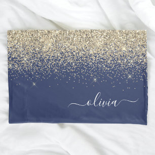 Gold Navy Blue Glitter Script Monogram Girly Name Pillow Case