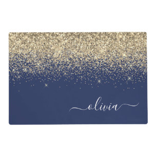 Gold Navy Blue Glitter Script Monogram Girly Name Placemat