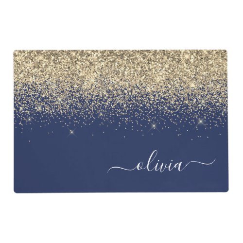 Gold Navy Blue  Glitter Script Monogram Girly Name Placemat