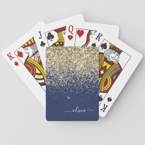 Gold Navy Blue Glitter Script Monogram Girly Name Poker Cards