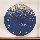 Gold Navy Blue Glitter Script Monogram Girly Name Round Clock<br><div class="desc">Navy Blue and Gold Sparkle Glitter Brushed Script Monogram Name Clock. This makes the perfect sweet 16 birthday,  wedding,  bridal shower,  anniversary,  baby shower or bachelorette party gift for someone that loves glam luxury and chic styles.</div>