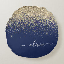 Gold Navy Blue Glitter Script Monogram Girly Name Round Pillow