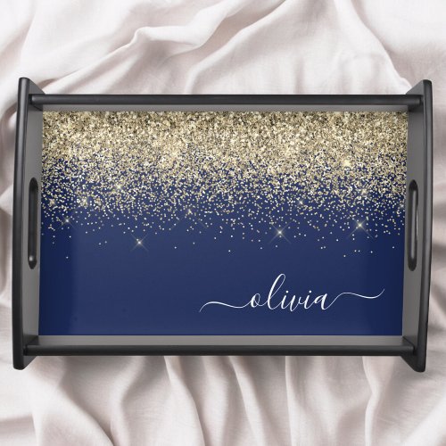 Gold Navy Blue Glitter Script Monogram Girly Name Serving Tray