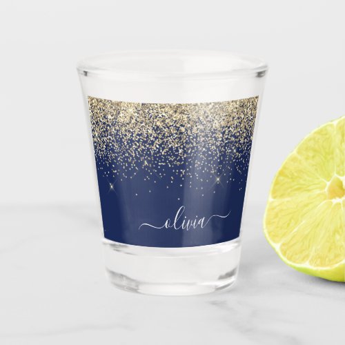 Gold Navy Blue Glitter Script Monogram Girly Name Shot Glass