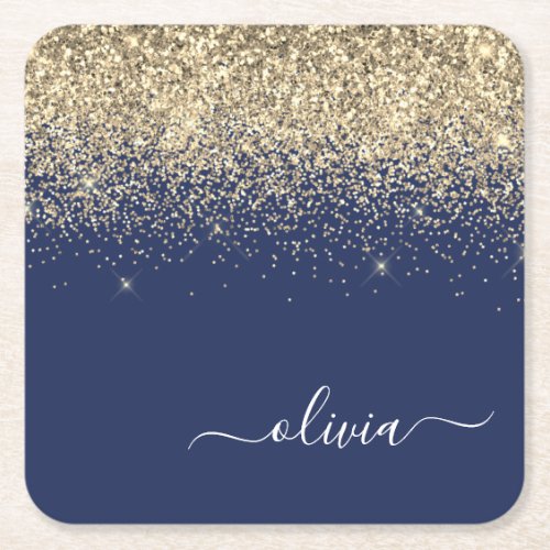 Gold Navy Blue Glitter Script Monogram Girly Name Square Paper Coaster