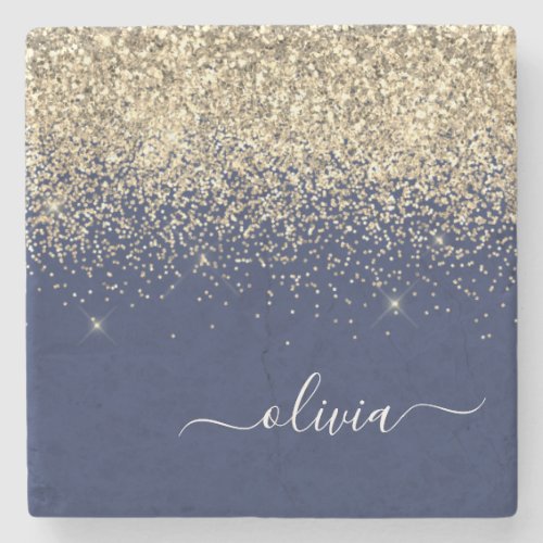 Gold Navy Blue Glitter Script Monogram Girly Name Stone Coaster