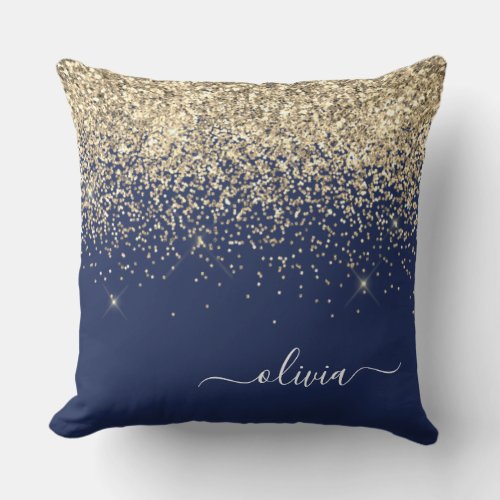 Gold Navy Blue Glitter Script Monogram Girly Name Throw Pillow