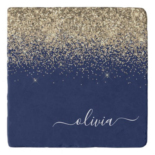 Gold Navy Blue Glitter Script Monogram Girly Name Trivet