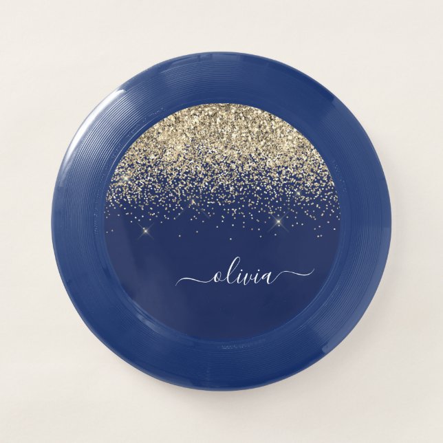 Gold Navy Blue Glitter Script Monogram Girly Name Wham-O Frisbee (Front)