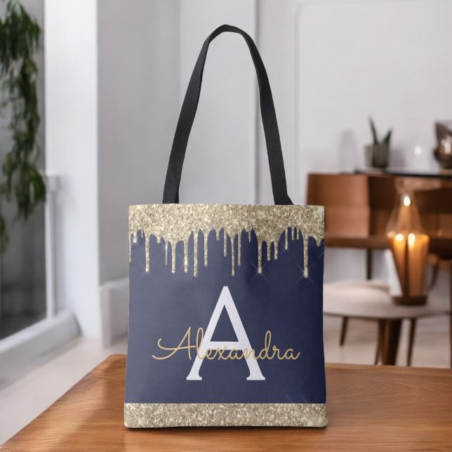 Gold Navy Blue Glitter Spakle Elegant Monogram Tote Bag (Creator Uploaded)