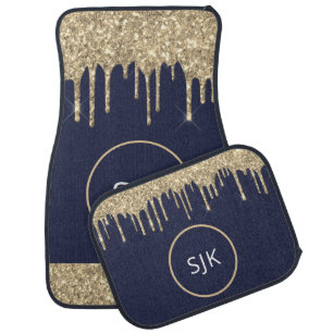 Gold Navy Blue Glitter Sparkle Monogram Car Floor Mat