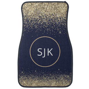 Gold Navy Blue Glitter Sparkle Monogram Girly Car  Car Floor Mat