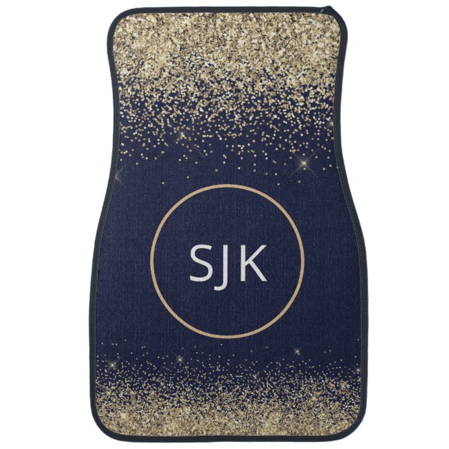 Gold Navy Blue Glitter Sparkle Monogram Girly Car  Car Floor Mat (Front)