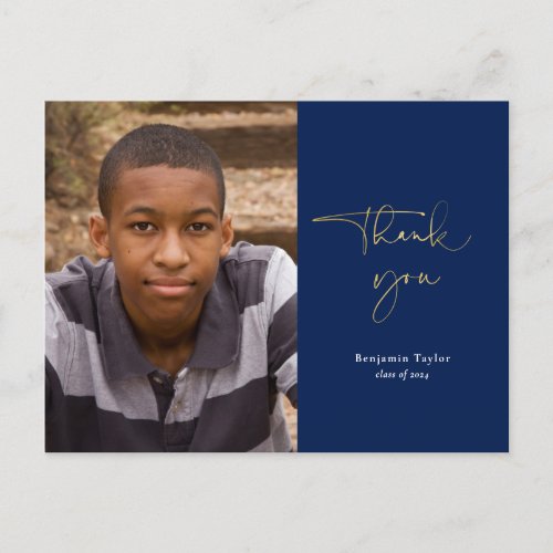 Gold  Navy Blue Graduation Thank You with Photo Postcard